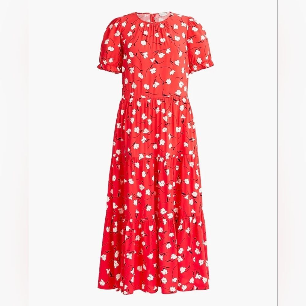 J.Crew Red Floral Midi Dress L Tiered Viscose Boho Spring Summer Romantic Picnic - Picture 1 of 7